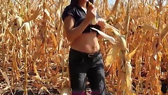 Young Amateur With Big Boobs Works In Corn Field While Step-Brother Masturbates And Cums In Her Panties